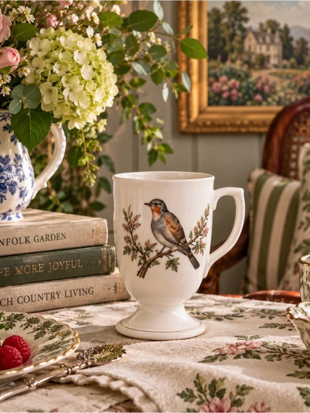 Unique Vintage White Porcelain Bird Footed Mugs with Multicolor Floral Accents